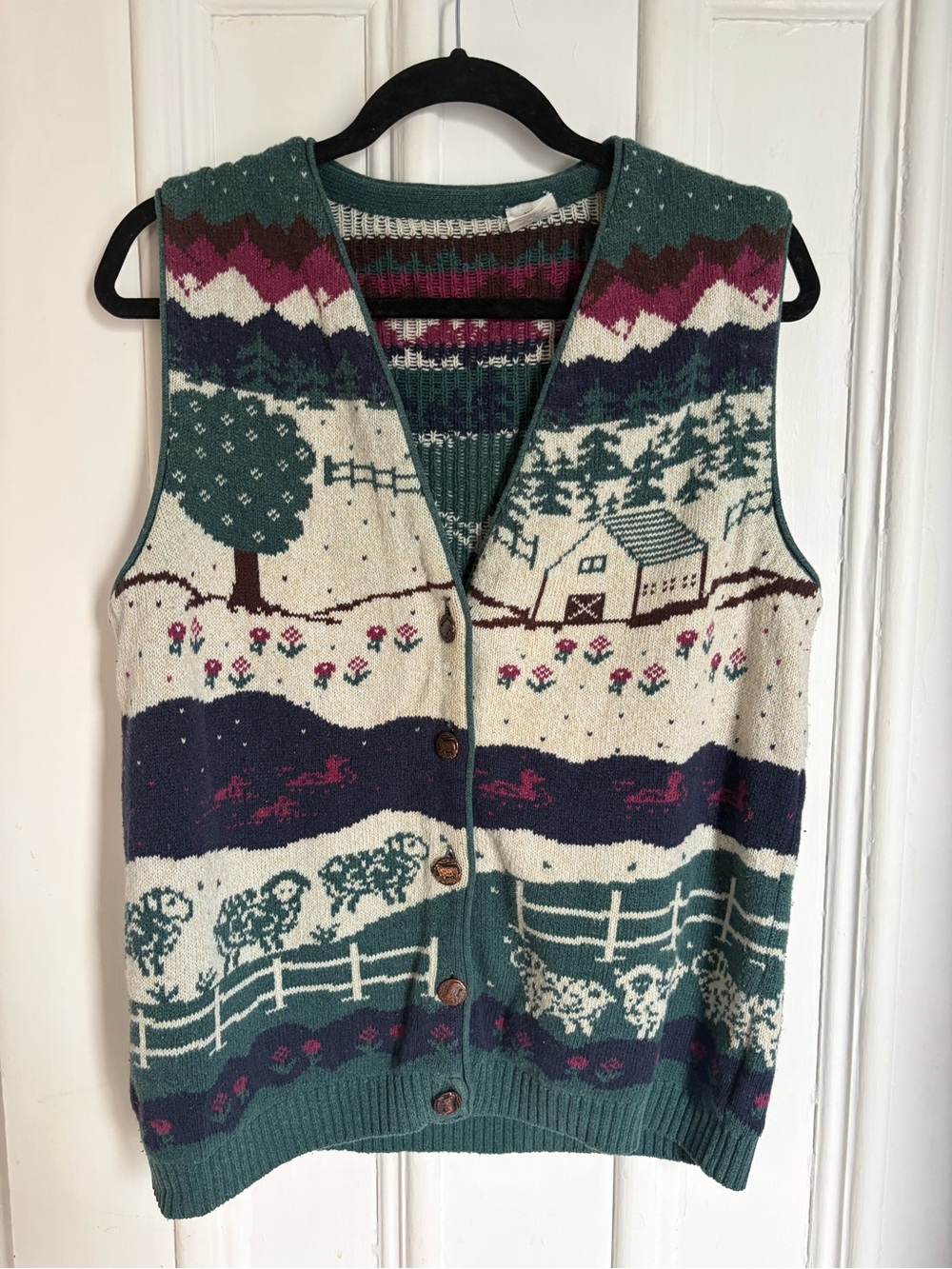 Vintage Farm House Scene Knit Vest with Animal Buttons